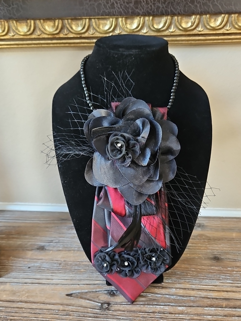 Black, Gray and Burgundy Statement Necktie Necklace with Black Flowers